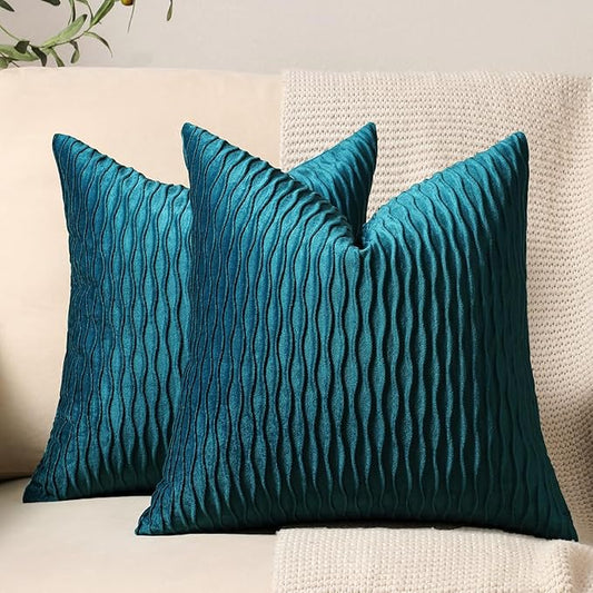 22x22 Teal Throw Pillow Cases: 2 Pack Original Striped Velvet Square Decorative Pillow Covers for Farmhouse Couch