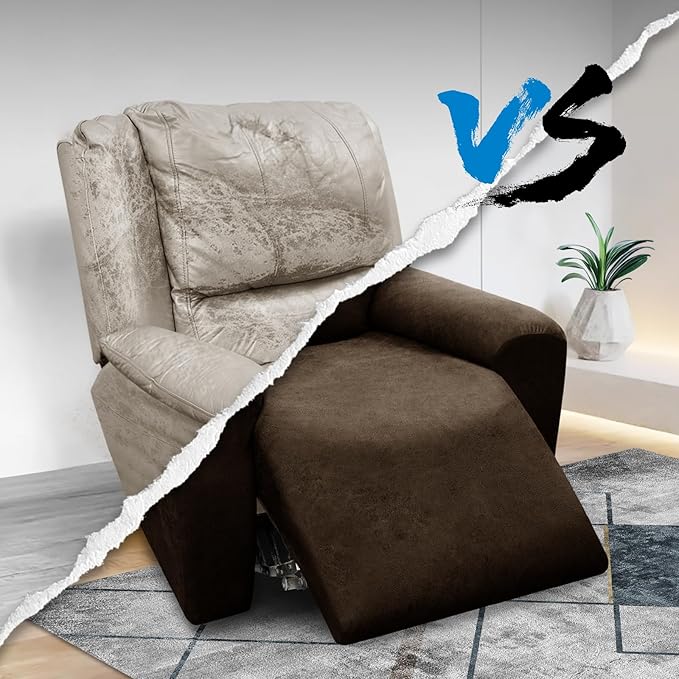 Chair Covers 4-Pieces Recliner Chair Covers 1 Seater Cover for Recliner Chair Leather Look Recliner Slipcovers with Pockets Spandex Fabric Furniture Covers(XL Recliner, Coffee)