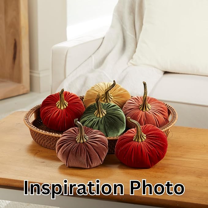 Set of 3 Velvet 6.25 Inch Pumpkins, orange pumpkin decor, Thanksgiving centerpiece, hygge home, elegant bookshelf accent, Halloween indoor decor, tiered tray accent for kitchen (Rust, Gold, Olive)