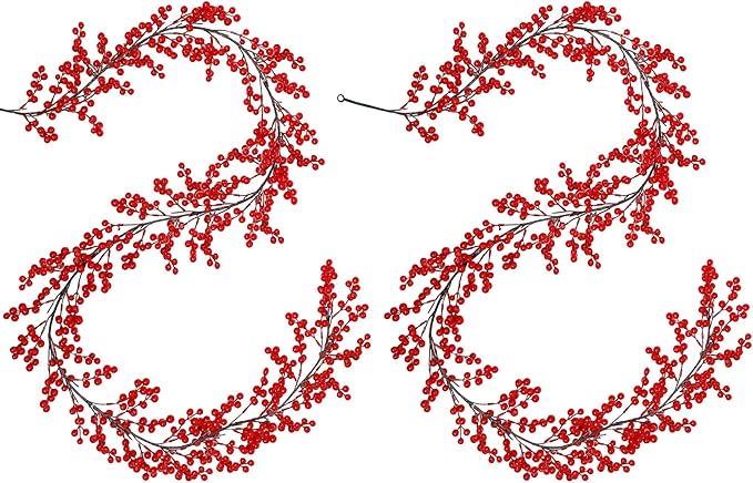 Lulu Home 2 Packs Red Berry Garland, 8.9FT Flexible Artificial Christmas Holly Berry Vine, Winter Berry Garland for Mantle Xmas Tree Window Door Hanging Indoor Outdoor Holiday Decoration