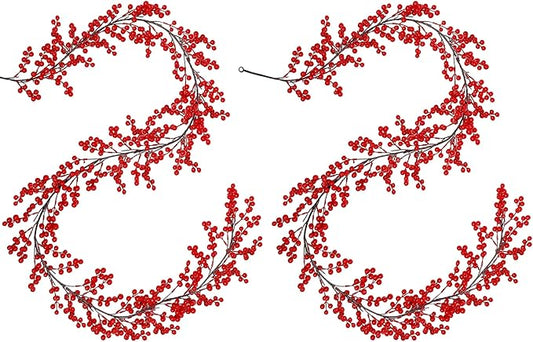 Lulu Home 2 Packs Red Berry Garland, 8.9FT Flexible Artificial Christmas Holly Berry Vine, Winter Berry Garland for Mantle Xmas Tree Window Door Hanging Indoor Outdoor Holiday Decoration
