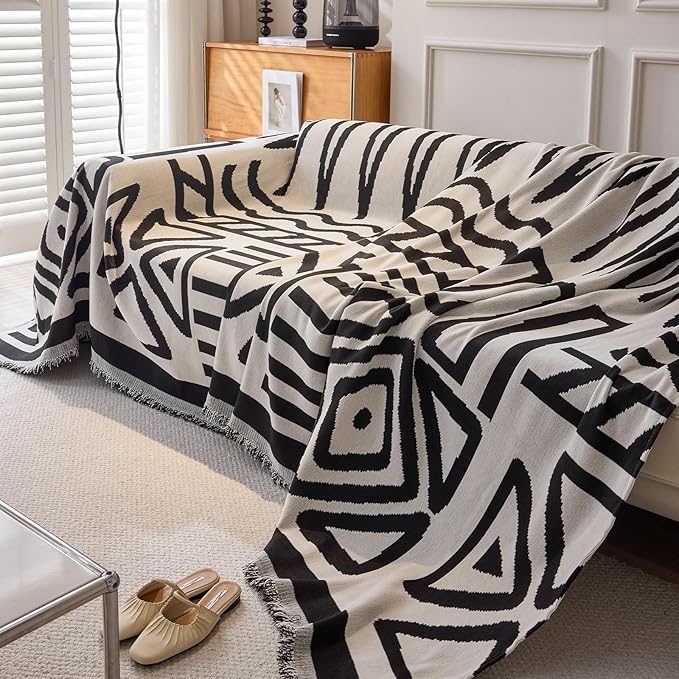 DREAMINGO Boho Couch Cover Washable Chenille Sofa Cover Blanket Beige Black Furniture Protector for Sectional 3 Cushion Couch Geometric Reversible Geometric Jacquard Sofa Slipcover, XX-Large 71"x150"
