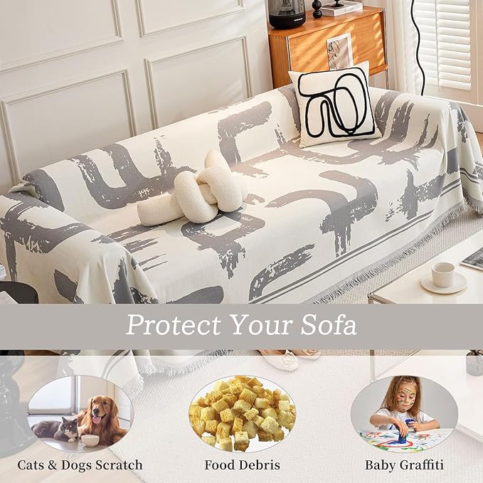 ROOMLIFE Grey Boho Stripped Couch Cover, Modern Abstract Couch Covers for 3 Cushion Couch Sofa Pet Friendly, Large Chenille Sofa Cover for Sectional Sofa Washable Dog Couch Cover Protector 71"*134"