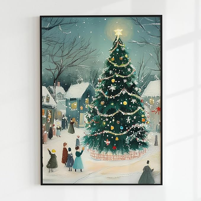 OZCONO Retro Christmas Tree Art, Winter Village Holiday Print, Cozy Seasonal Wall Artwork, Cute and Whimsical Noel Home Decor Idea, Winter Holiday Modern Farmhouse Decoration (Unframed) (16x24)