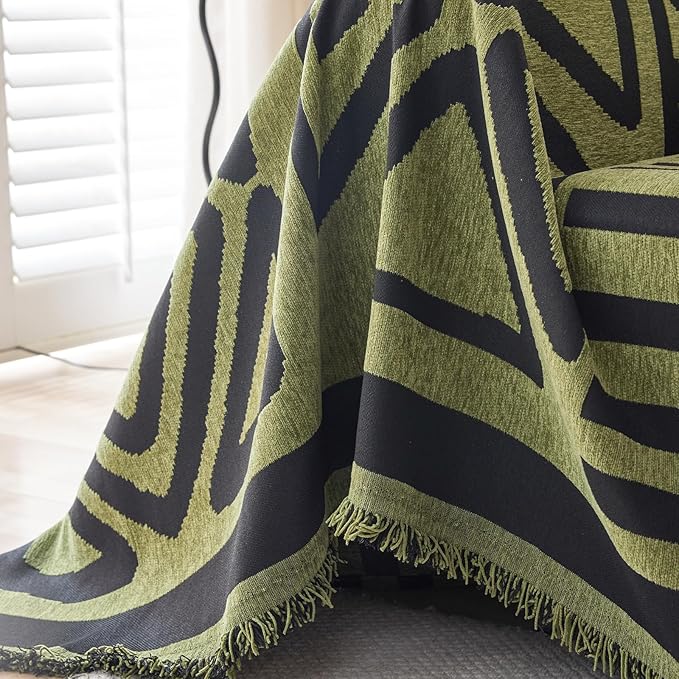 DREAMINGO Boho Couch Cover Washable Chenille Sofa Cover Blanket Green Black Furniture Protector for Sectional 2 Cushion Couch Reversible Geometric Jacquard Loveseat Slipcover, Large 71"x118"