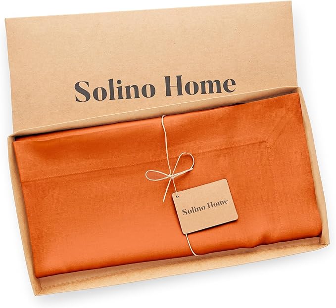 Solino Home Linen Tablecloth 52 x 52 Inch - 100% Pure Linen Persimmon Orange Square Tablecloth - Fete, Machine Washable Table Throw for Fall, Autumn, Thanksgiving