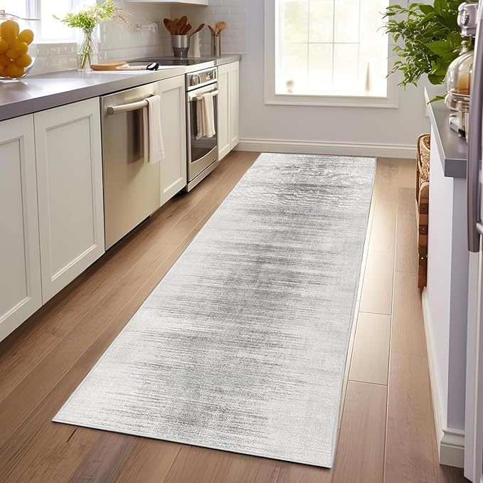 Enkor Runner Rugs for Hallway, 2'7"x8 Washable Soft Non Slip Abstract Rugs for Kitchen, Modern Mat for Entryway Living Room Bedroom White & Grey