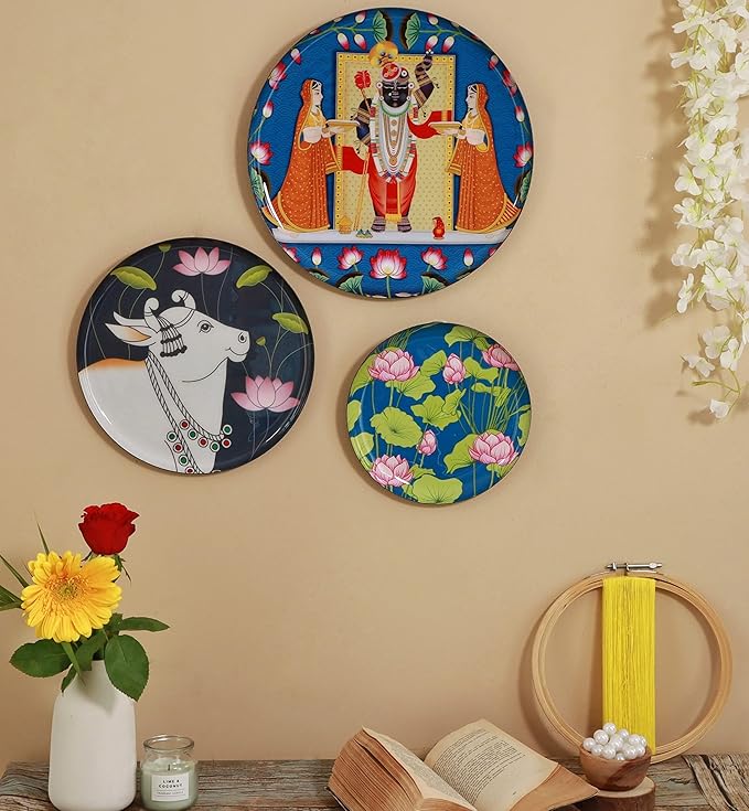 RITUALISTIC Pichwai Iron Wall Art Plates – Set of 3 Decorative Plates | Indian Wall Art for Home Decor | Wall Decor for Living Room & Bedroom | Handcrafted Metal Wall Hanging | Christmas gifts