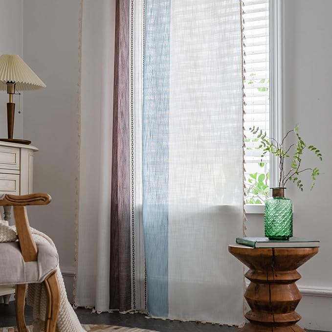 Sutuo Home Boho Curtains 72 inches for Bedroom Living Room, Semi Blackout Linen Farmhouse Tassels Window Treatment Bohemian Embroidery Drape, Rod Pocket 1 Panel 52" W x 72" L, Brown Blue Striped Linen