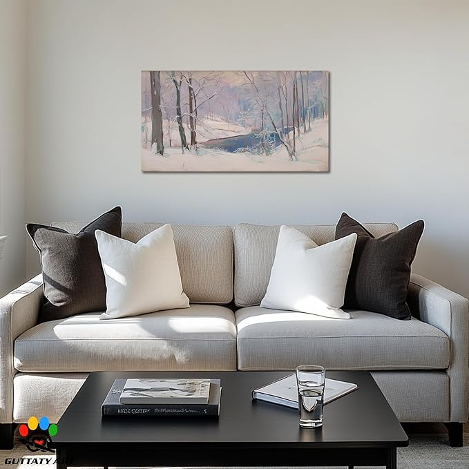 GUTTATY Christmas Winter Scene Canvas Wall Art, Soft Pastel Snowy Forest Landscape Canvas Prints, Tranquil Blue and Lavender Wall Decor for Living Room, Holiday Pictures Poster, 40x20 Inch