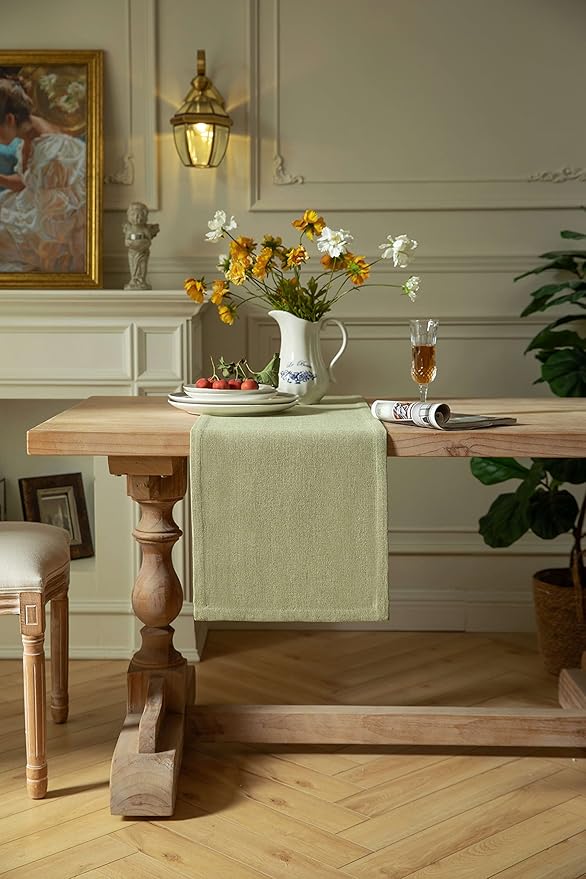 ZeeMart Burlap Style Farmhouse Table Runners 72 Inches Long, Sage Green Rustic Woven Dining Table Runner for Everyday Use, 14x72 Inches, Light Sage Green