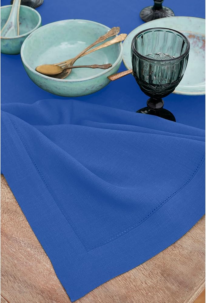 Solino Home Royal Blue Linen Tablecloth 60 x 132 Inch - 100% Pure Linen Hemstitch Table Cloth for Rectangle Tables - Classic Hemstitch, Machine Washable Tablecloth