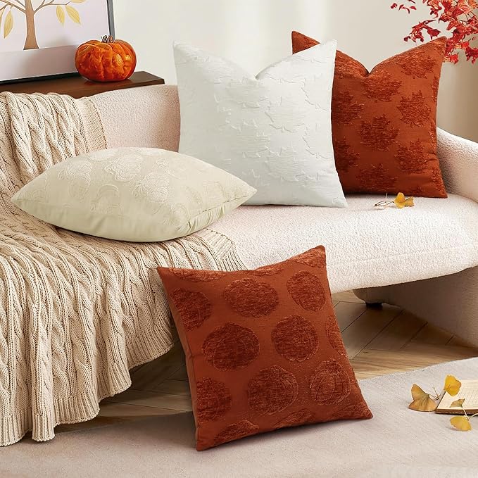 decorUhome Decorative Cream White Maple Leaf Thanksgiving Throw Pillow Covers 12x20 Set of 2, Soft Chenille Jacquard Farmhouse Textured Pillow Covers for Couch Sofa Autumn Harvest Halloween Holiday