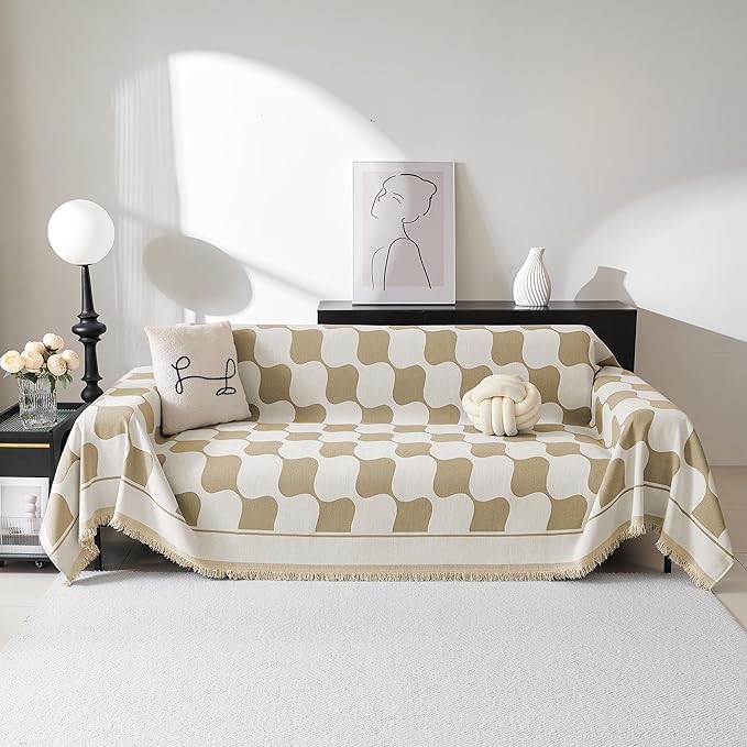 MEETSKY Couch Cover for Dogs Cats,Sofa Covers Washable Furniture Protectors for Pets Universal Couch Cover Thick Durable Sectional Couch Covers for 3 Cushion Couch, 91" x 118", Khaki Checkerboard
