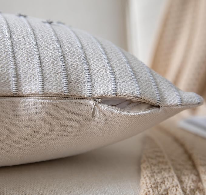 Caflife Boho Throw Pillow Covers 20x20 Set of 2 Decorative Pillows for Bed, Neutral Pillow Covers Beige with Grey Line Throw Pillows for Modern Farmhouse Couch Sofa Living Room Outdoor