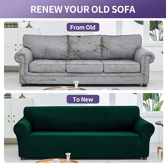 Joccun Stretch Couch Cover Slipcovers, 1-Piece Sofa Covers for 3 Cushion Couch Spandex Jacquard Washable Furniture Protector Cover for Living Room,Kids,Pets(Sofa,Hunter)