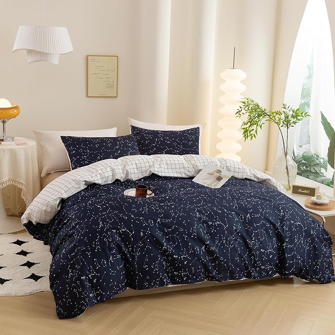 ECOCOTT Duvet Cover Queen, 100% Natural Cotton 1 Duvet Cover +2 Pillowcases Bedding Set,Navy and Cosmic Constellation Reversible Printed Pattern Soft Cozy Breathable and Durable Duvet Cover Set