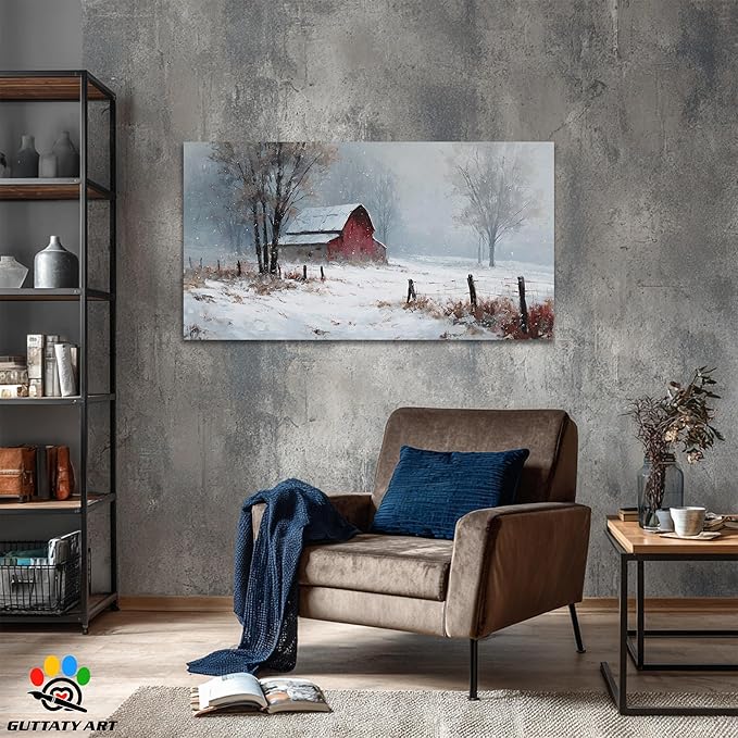GUTTATY Christmas Winter Scene Canvas Wall Art, Red Barn Farmhouse Snowy Wall Painting, Rustic Poster Artwork, Cozy Seasonal Wall Decor Pictures for Living Room, Bedroom, Office, 32x16 Inch