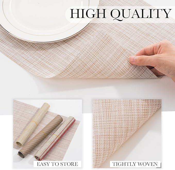 BACKTOEDEN Placemats Set of 6 Heat Resistant Washable Wipeable Placemat Woven Non-Slip Foldable Vinyl/Plastic Place Mats Indoor/Outdoor Mat Kitchen Dining Table Pad, Beige