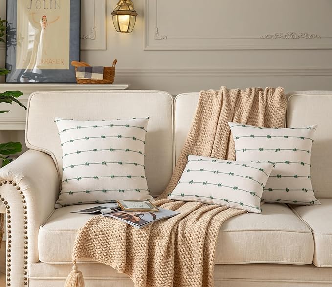 Caflife Boho Throw Pillow Covers 12x20 inches Beige and Green, Set of 2 Modern Farmhouse Decorative Pillow Covers for Couch Bed, Living Room