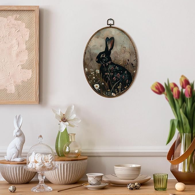 KFXHANGD Vintage Witchy Black Bunny Oval Wall Art Framed,Decor, Cottagecore Rabbit Canvas Wall Art Decor, Dark Academia Bunny Floral Hanging Decor for Farmhouse Bathroom Living Room, 8.7x11.3 Inch