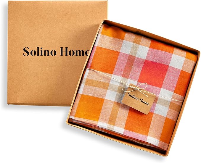 Solino Home Linen Round Tablecloth 60 Inch - 100% Pure Linen Plaid Fall Table Cloth - Autumn, Thanksgiving, Holiday, Fall Buffalo Check Machine Washable Tablecloth