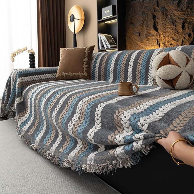 VClife Blue Stripe Sofa Cover for Dog Chenille Couch Cover for 3 Seater Sofa, Non Slip Stripe Jacquard Sofa Couch Cover Throw Pet-Friendly Soft Couch Slipcover with Tassel, Blue, 71''x134''