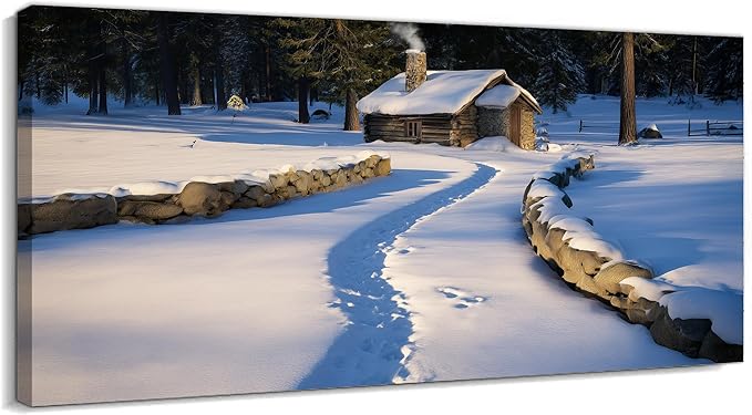 GUTTATY Christmas Winter Scene Canvas Wall Art, Snowy Cabin Pictures, Peaceful Winter Landscape Canvas Painting, Cozy Nature Wall Decor for Living Room, Bedroom, Offices, 40x20 Inch