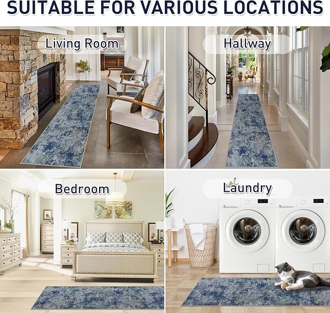 Runner Rug 2'6''x8' Washable Rugs: Machine Washable Hallway Runner Rug with Non Slip Backing Non Shedding Abstract Stain Resistant Carpet for Kitchen Entryway Laundry Bedroom - Blue