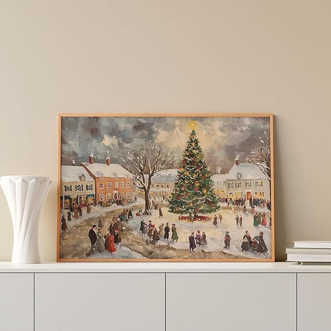 Vintage Winter Village Art for Holiday Home Decor, Snowy Christmas Tree Town Scene Wall Art, Xmas Print, Festive Winter Gathering Artwork, Classic Seasonal Christmas Decoration (Unframed) (20x30)