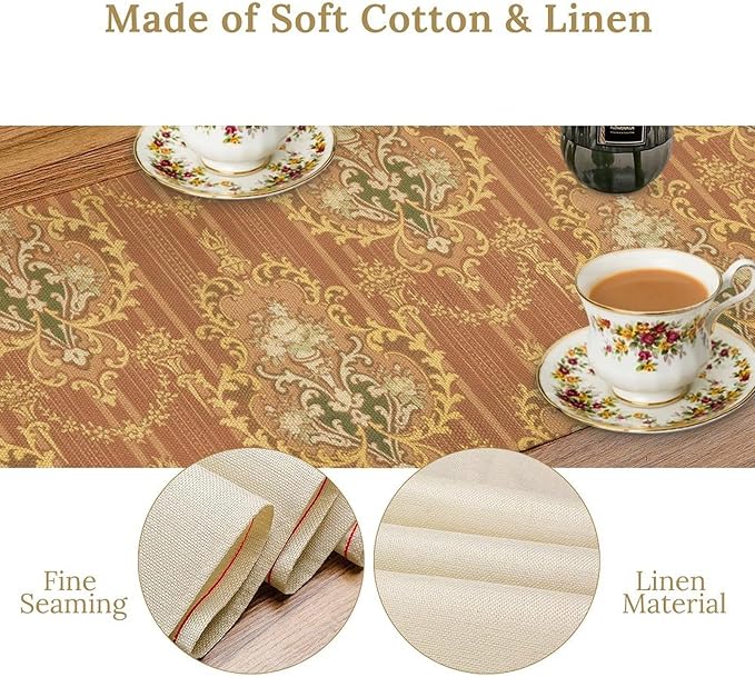 Damask Table Runner, Floral Victorian Antique Motifs Pattern Inspired Tile Table Runner for Kitchen Dining Weddings Party Decor 13x36in