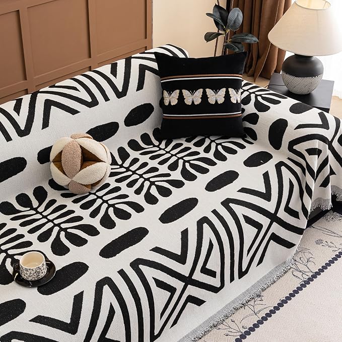 VClife Boho Tribal Couch Cover Soft Chenille Sofa Cover for Sofa, 1 Piece Large Couch Covers for 2 Cushion Couch Sofa Washable Black White Jacquard Pattern Sofa Protector for Living Room 71''x118''