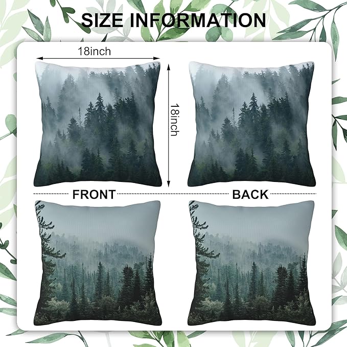 Misty Forest Throw Pillow Cover Case Misty Valley and Dark Forest Throw Pillows Set of 2 Soft Pillow Covers 18x18 Inches Farmhouse Home Decor for Living Room Bedroom Sofa Couch Cushion Cover