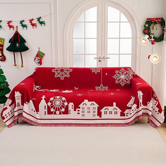 MEETSKY Red Christmas Couch Cover for Dogs, Chenille Sofa Throw Cover for Love seat Sofa with Pets Friendly, Thick Soft Fabric Jacquard Sofa Covers Washable Modern Style for Living Room, 71" x 102"