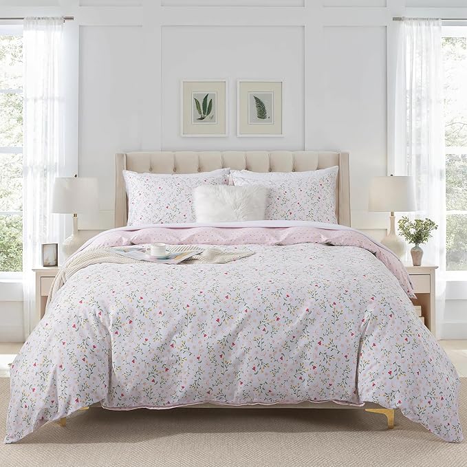 HoneiLife Floral Duvet Cover Queen - 100% Cotton Comforter Cover, Botanical Bedding Duvet Cover Sets with Zipper Closure & Corner Ties, 3-PC Wildflower Comforter Cover Sets, Early Spring