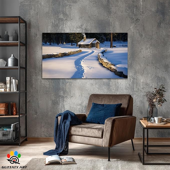 GUTTATY Christmas Winter Scene Canvas Wall Art, Snowy Cabin Pictures, Peaceful Winter Landscape Canvas Painting, Cozy Nature Wall Decor for Living Room, Bedroom, Offices, 60x30 Inch
