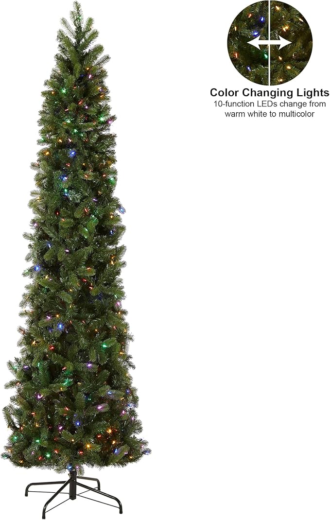 National Tree Company 9 ft Pre-Lit Downswept Douglas Fir Slim Artificial Christmas Tree,500 LED Lights, 1,090 Tips, Foot Pedal, 10 Light Functions, Includes Stand, Green