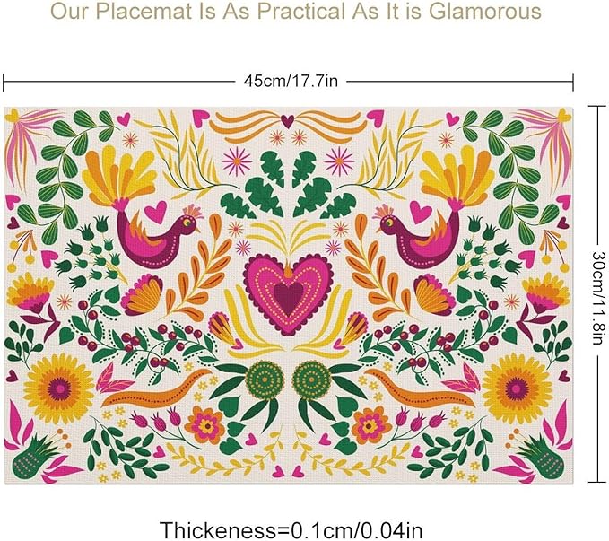 Mexican Floral Placemat Set of 6, 12x18 Inch Boho Cinco de Mayo Colorful Mexico Birds Fiesta Dia De Los Muertos Day Talavera White Coffee Table Mats for Outdoor Kitchen Dining Table Decoration