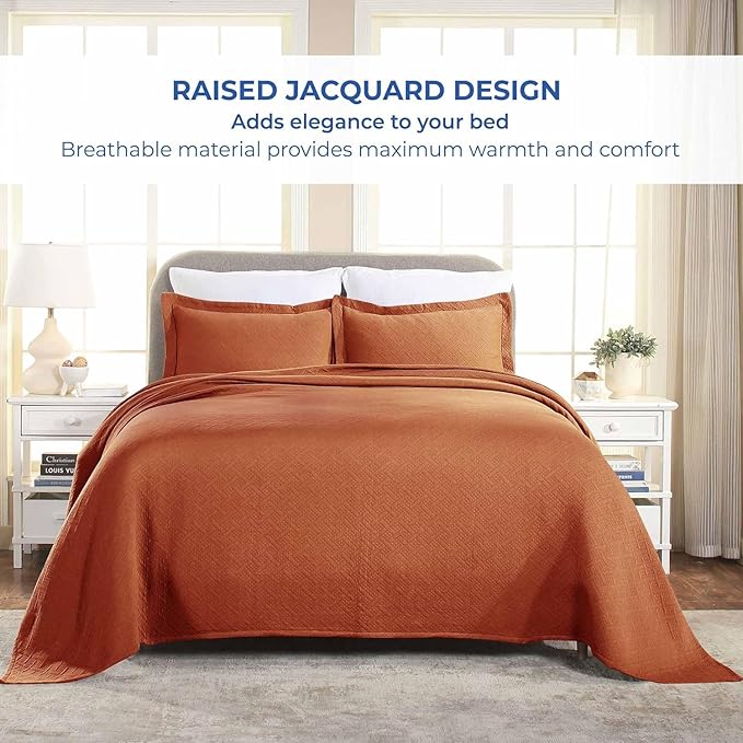 Superior 100% Cotton Basket Weave Bedspread with Shams, All-Season Premium Cotton Matelasse Jacquard Bedding, Quilted-Look Geometric Basket, King, Mandarin