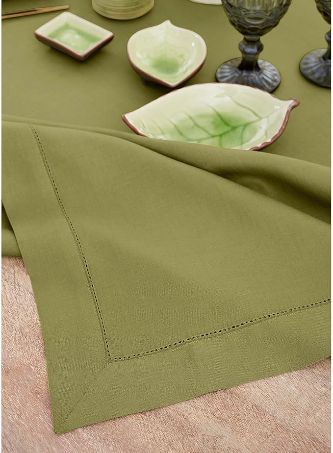 Solino Home Linen Tablecloth 60 x 144 Inch - Classic Hemstitch 100% Pure Linen Avocado Green Table Cloth for Rectangle Tables - Machine Washable Tablecloth for Fall, Autumn, Thanksgiving, Winter