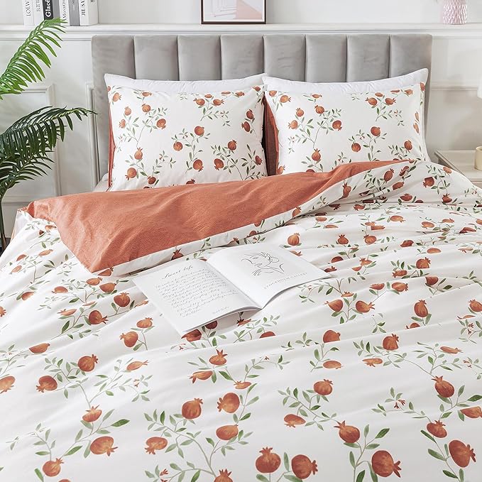 HoneiLife Fruits Duvet Cover Queen - 100% Cotton Comforter Cover 3-PC, Botanical Bedlinen Set with Zipper Closure & Corner Ties, Pomegranate Comforter Cover Sets