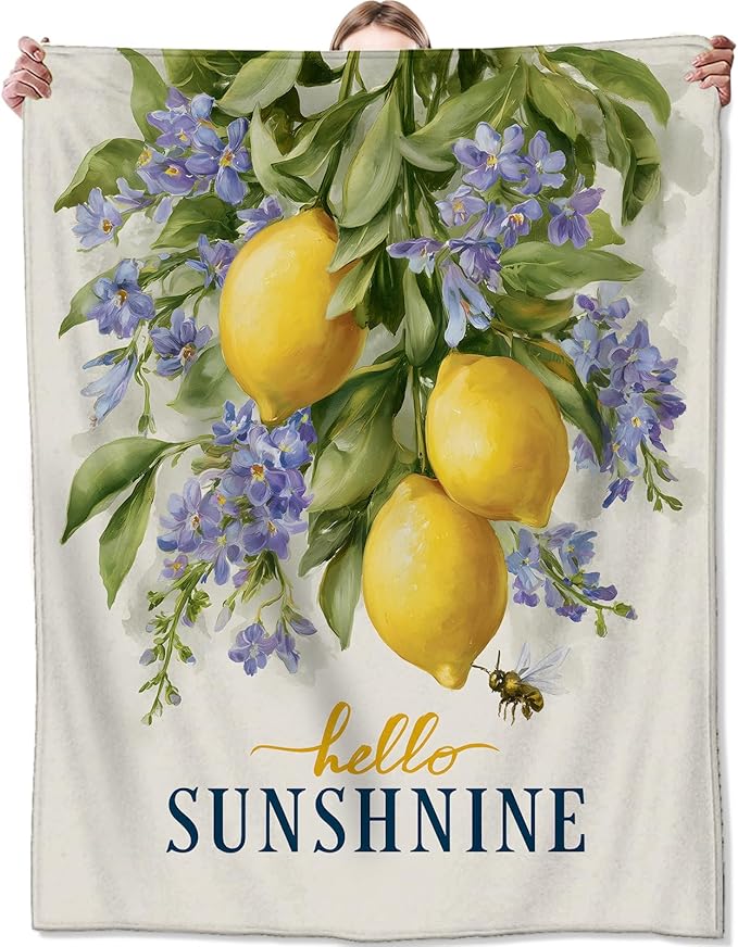 Lemon Blanket,Inspirational Gifts for Girls Women,Soft Lightweight Flannel Throw Blankets,Yellow Fruit Floral and Bee Throws Summer Home Decor,for Camping Living Room Office,60x50inch