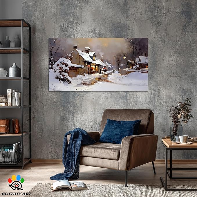 GUTTATY Christmas Winter Scene Canvas Wall Art, Snowy Village Canvas Prints, Cozy Town Holiday Picture Wall Decor, Rustic Winter Landscape Poster for Living Room Bedroom, 32x16 Inch