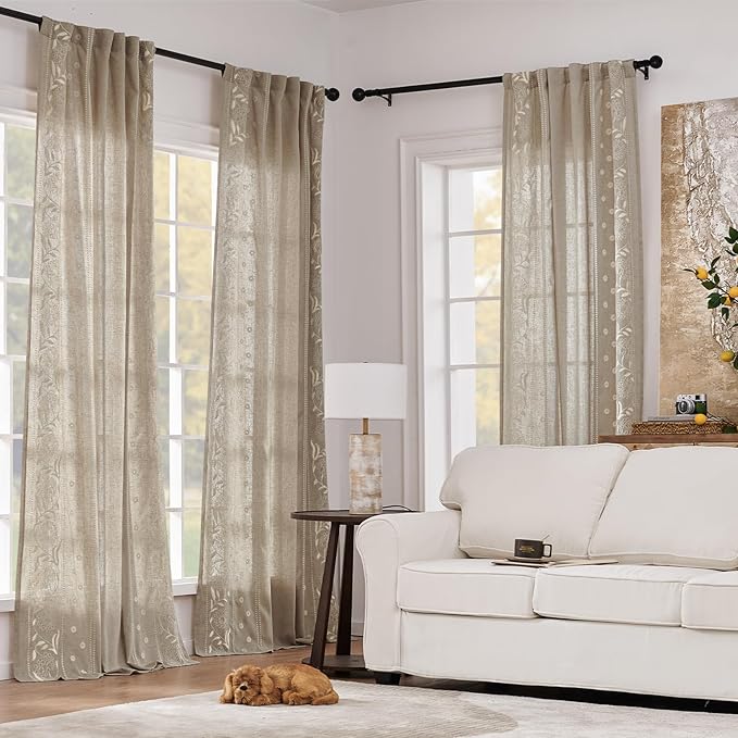 jinchan Winslow Linen Curtains for Bedroom 96 Inches Length Embroidered Bordered Floral Curtains for Living Room Farmhouse Decor Light Filtering Window Treatments Ivory on Taupe Drapes 2 Panels