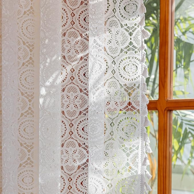 YJ YANJUN Boho Lace Curtains 63 Inch Length 2 Panel Sets White Crochet Curtains with Tassel Vintage Rustic Farmhouse Voile Sheer Drapes Privacy Short Curtains for Bedroom Living Room W59 x L63 White
