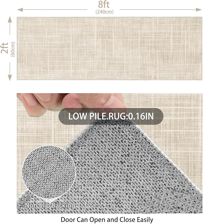 Enkor Runner Rug for Hallway, 2x8 Washable Soft Non Slip Abstract Rug for Kitchen, Modern Mat for Entryway Living Room Bedroom Beige Grid