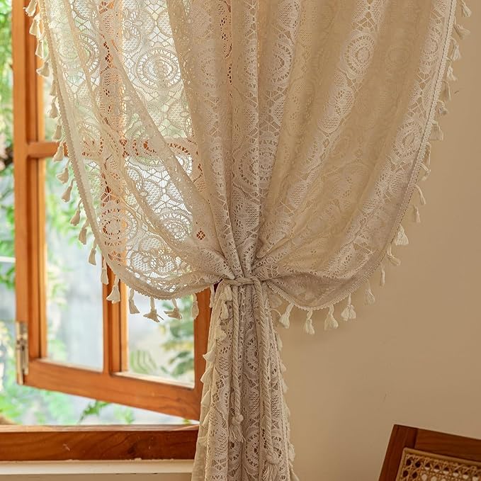 YJ YANJUN Boho Sheer Curtains 90 Inches Long 2 Panels Vintage Crochet Lace Curtains with Tassel for Living Room Bohemian Farmhouse Hollow Drapes for Glass Slide Patio Door Beige W59 x L90