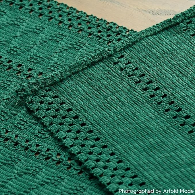 Artoid Mode Dark Green Farmhouse Woven Rustic Hollow Table Runner, Seasonal Holiday Hollow Kitchen Dining Table Decoration for Home Party Decor 12x108 Inch