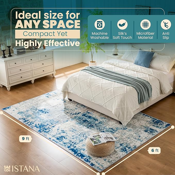 Istana 6x9 Area Rug - Blue/Ivory Rugs for Living Room 6x9 - Foldable Boho Rugs for Bedroom - Stain Resistant Washable Rug - Eco-Friendly Area Rugs - Easy to Clean Living Room Rug