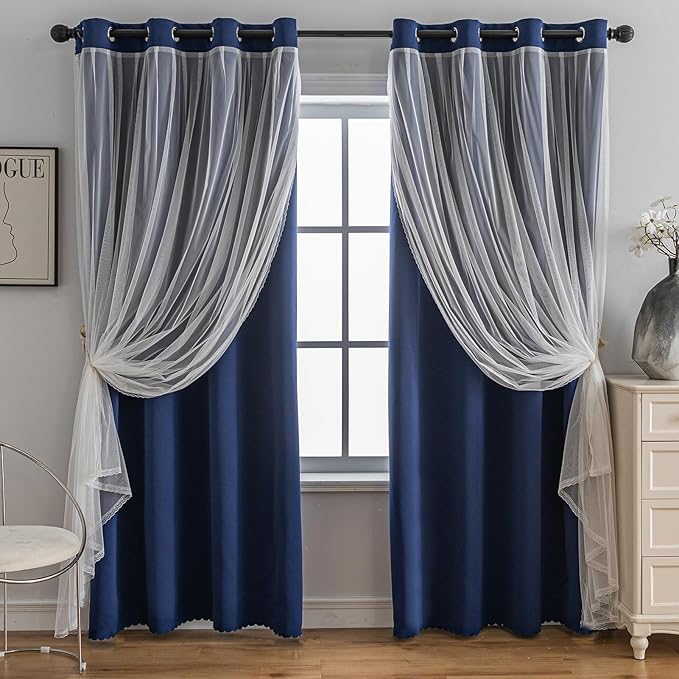 Anytime Home Curtains Blackout and Sheer Layered Solid Window Curtain Panel Pair with Grommet Top, 52Wx84L,Navy Blue